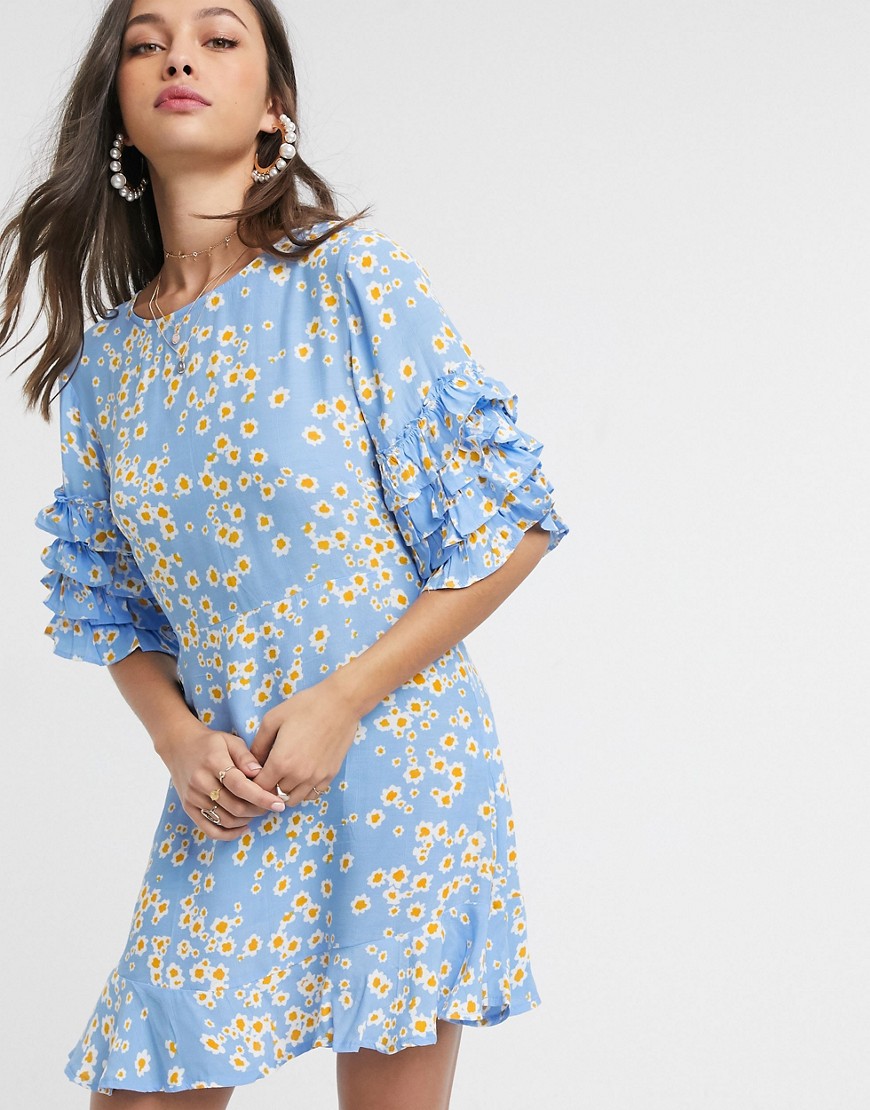 Faithfull The Brand - Faithfull - serafina - mini-jurk met korte mouwen, bloemenprint en ruches in blauw