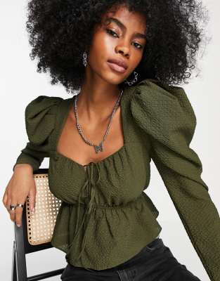 Фактурный топ цвета хаки с завязкой спереди и объемными рукавами Topshop-Зеленый цвет