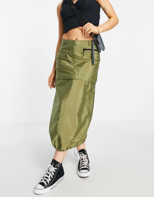 Falda 2 en 1 caqui cargo con largo regulable midi y corto por una cremallera | ASOS