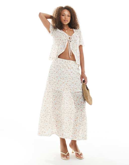 Falda color crema de estilo boho con estampado floral de punto pointelle de Object (parte de un conjunto)