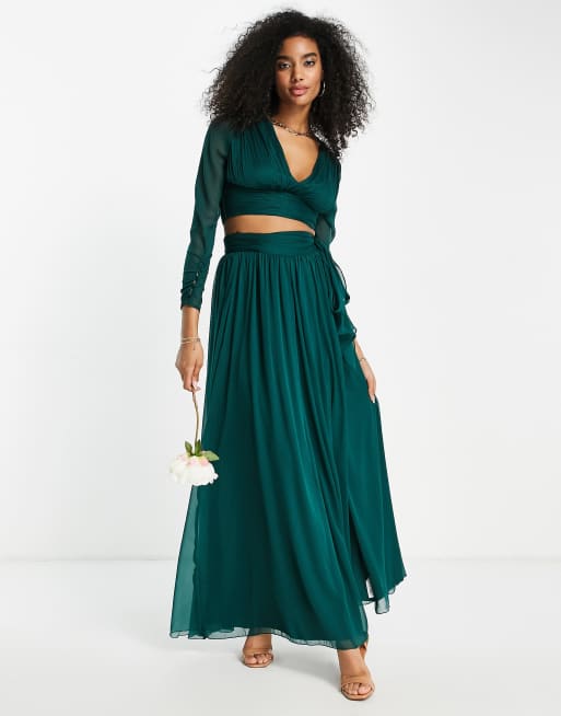 Falda de dama de honor larga verde bosque con acabado suave de ASOS DESIGN (parte de un conjunto)