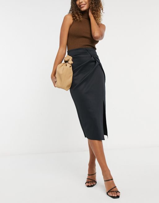 Falda de tubo midi negra con diseño cruzado de tejido tipo neopreno de ASOS DESIGN