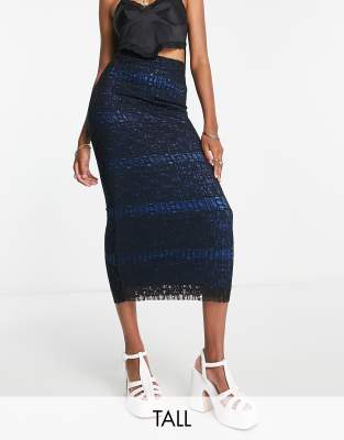 Falda de tubo midi negra y azul cobalto de encaje con forro en contraste de Topshop Tall