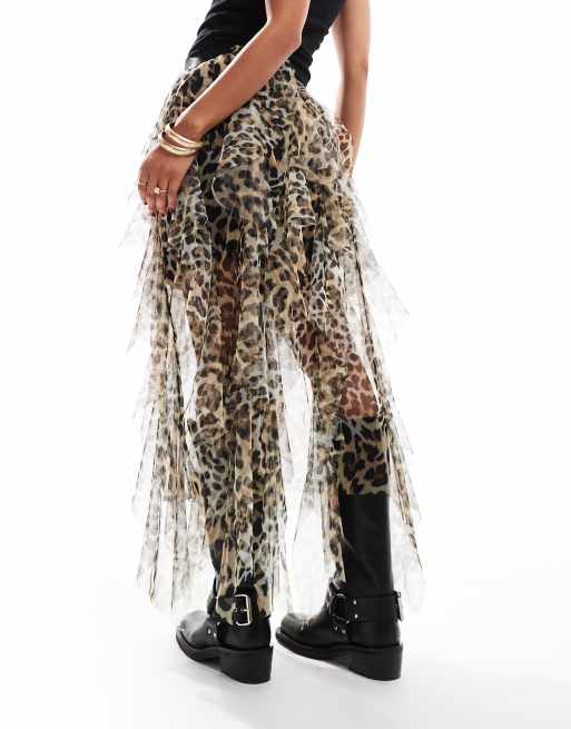 Falda escalonada con estampado de leopardo de malla para festivales de Miss Selfridge, 2 de 5