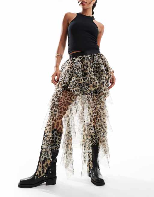 Falda escalonada con estampado de leopardo de malla para festivales de Miss Selfridge, 3 de 5