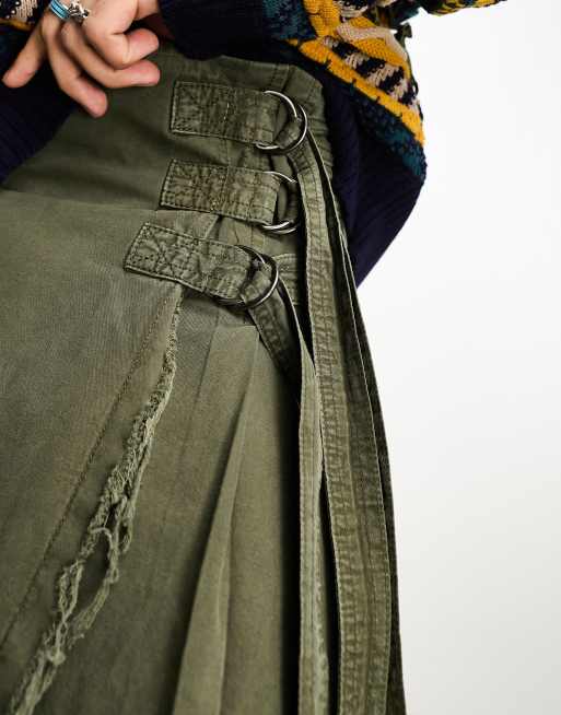 Falda escocesa midi caqui unisex de estilo grunge de Reclaimed Vintage , 3 de 4
