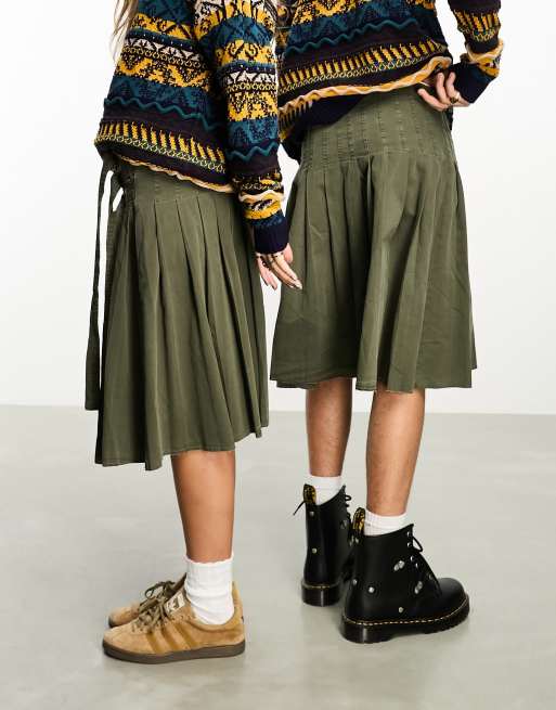 Falda escocesa midi caqui unisex de estilo grunge de Reclaimed Vintage , 4 de 4