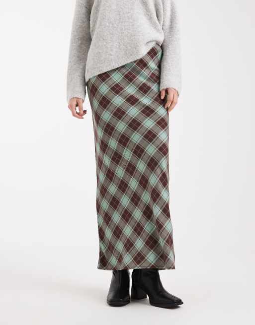 Falda larga a cuadros verdes de corte al bies de tejido cepillado de ASOS DESIGN, 2 de 5