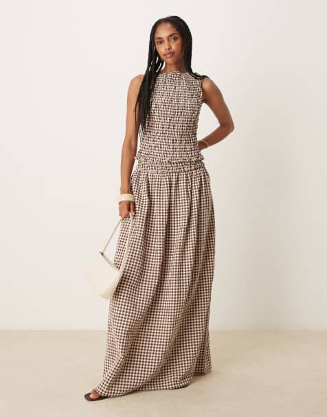 Falda larga a cuadros vichy marrones con cintura fruncida de ASOS DESIGN - view 1