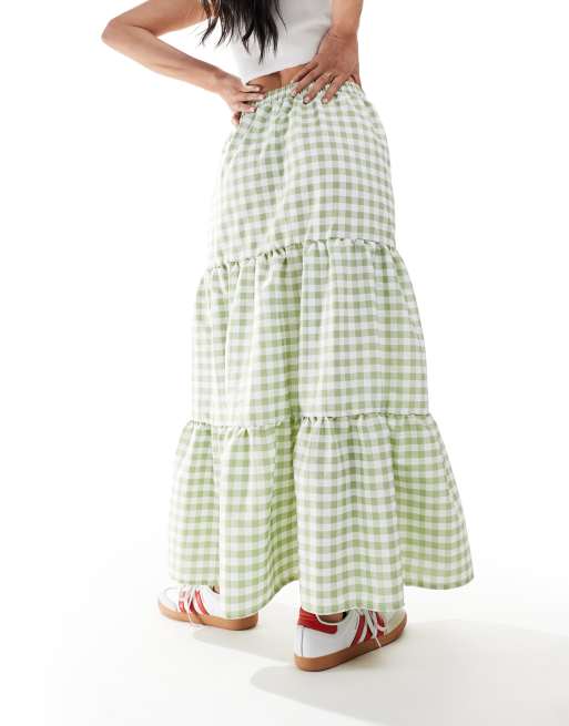 Falda larga a cuadros vichy verde salvia escalonada de Miss Selfridge, 2 de 4