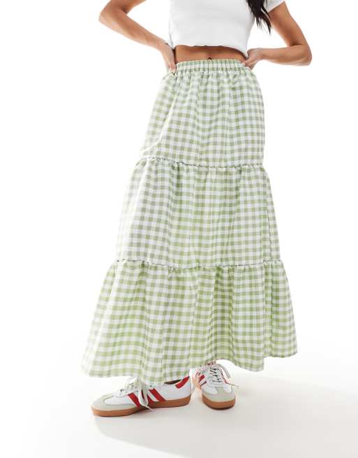 Falda larga a cuadros vichy verde salvia escalonada de Miss Selfridge, 3 de 4