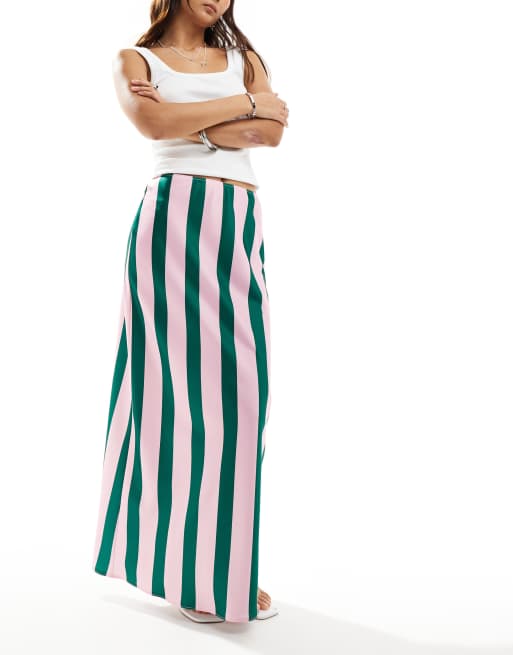 Falda larga a rayas verdes y rosas de corte al bies de satén de ASOS DESIGN