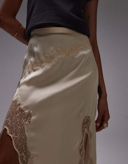 Falda larga amarillo crema de satén y encaje de Topshop, 3 de 5