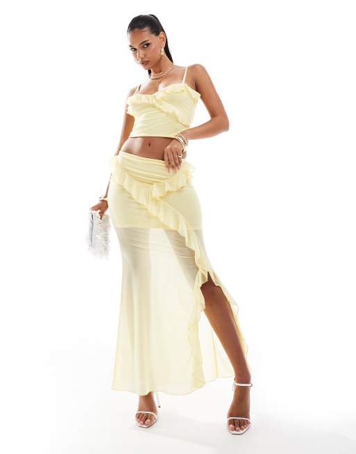 Falda larga amarillo pastel con abertura delantera y volantes de malla de ASOS DESIGN (parte de un conjunto)