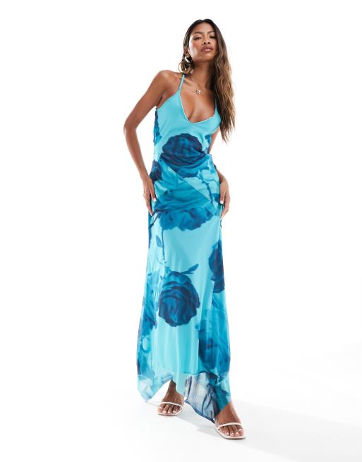 Falda larga azul aguamarina de corte amplio con estampado floral, cuello de pico y bajo asimétrico de malla de ASOS DESIGN