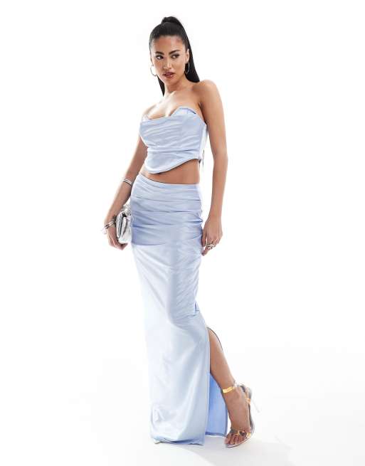Falda larga azul con lateral fruncido de sarga satinada de ASOS DESIGN (parte de un conjunto)