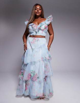 Falda larga azul fruncida con estampado floral de chifón de ASOS LUXE Curve (parte de un conjunto) - view 1