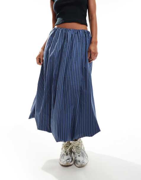 Falda larga azul marino y negra a rayas con diseño abullonado de Glamorous - view 1