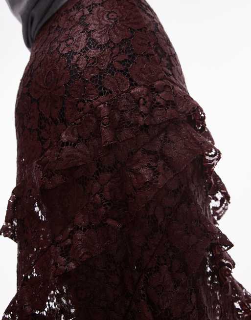 Falda larga burdeos con volante de encaje transparente de Topshop, 5 de 5