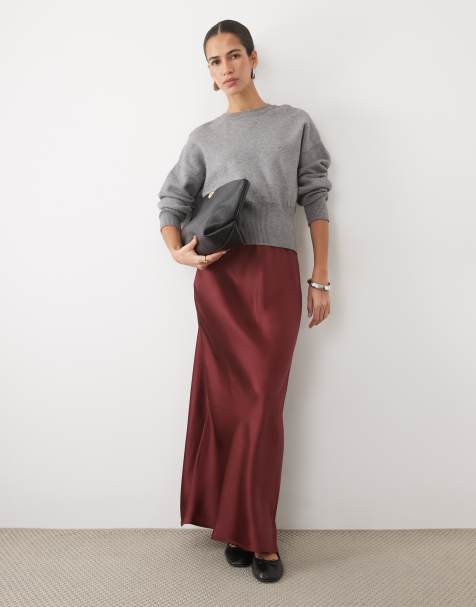 Falda larga burdeos de corte al bies de satén de ASOS DESIGN - view 1