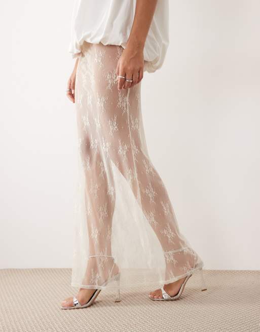 Falda larga color crema de encaje transparente de ASOS DESIGN, 3 de 5