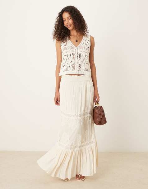 Falda larga color crema de estilo boho con insertos de encaje de croché para festivales de YAS - view 1