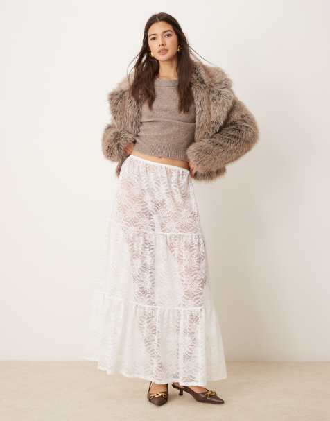 Falda larga color crema escalonada de encaje de Miss Selfridge - view 1