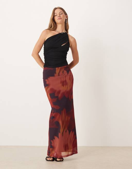Falda larga color higo de talle bajo y corte recto con estampado floral de ASOS DESIGN (parte de un conjunto)