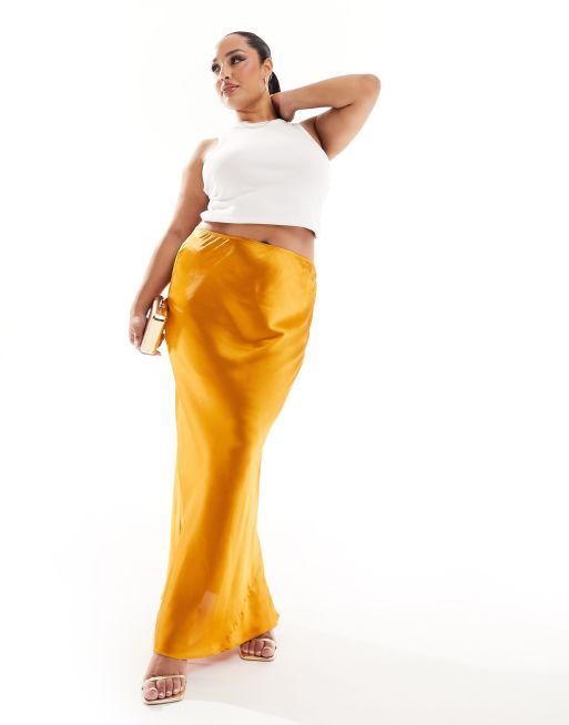 Falda larga color óxido de corte al bies de satén de ASOS DESIGN Curve