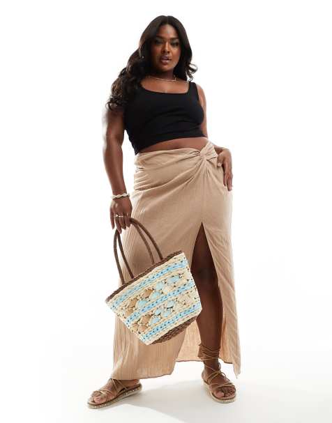 Falda larga color piedra con nudo lateral de bambula de ASOS DESIGN Curve - view 1
