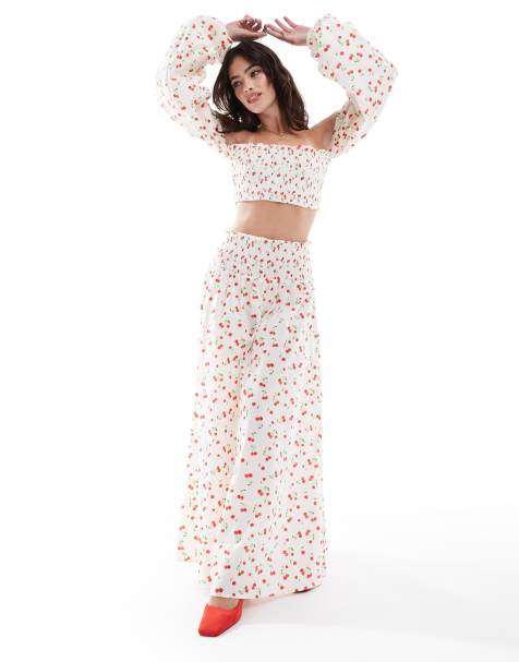 Falda larga con estampado de cerezas y cintura fruncida de ASOS DESIGN (parte de un conjunto) - view 1