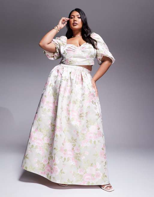 Falda larga con estampado de tulipanes y lazada en la espalda de jacquard de ASOS LUXE Curve (parte de un conjunto), 2 de 5