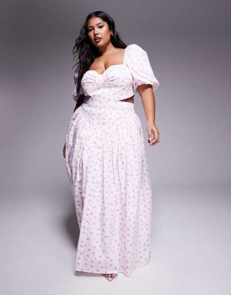 Falda larga con estampado floral y lazo en la espalda de algodón satinado de ASOS LUXE Curve (parte de un conjunto) - view 1