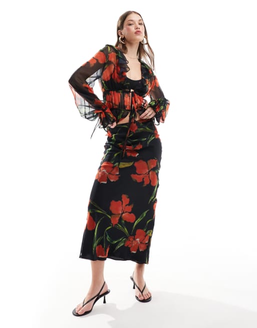 Falda larga de corte al bies con estampado floral de chifón de ASOS DESIGN (parte de un conjunto)