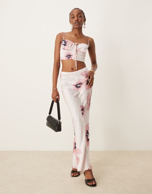 Falda larga de corte al bies con estampado floral efecto acuarela de satén de ASOS DESIGN (parte de un conjunto)