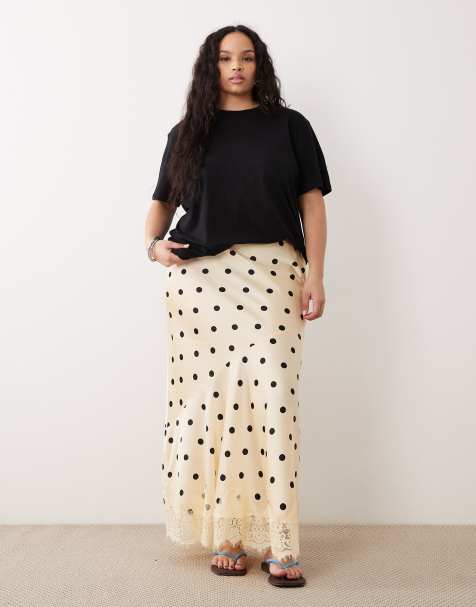 Falda larga de corte sirena con estampado de lunares y bajo de encaje de ASOS DESIGN Curve - view 1
