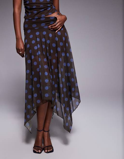 Falda larga marrón ceñida con estampado de lunares azules y bajo de picos de malla doble exclusiva de Kaiia (parte de un conjunto), 2 de 5