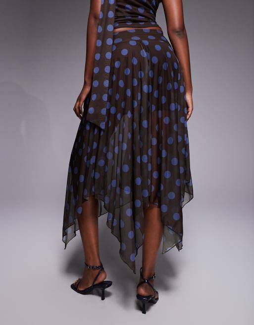 Falda larga marrón ceñida con estampado de lunares azules y bajo de picos de malla doble exclusiva de Kaiia (parte de un conjunto), 4 de 5
