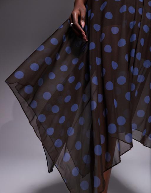 Falda larga marrón ceñida con estampado de lunares azules y bajo de picos de malla doble exclusiva de Kaiia (parte de un conjunto), 5 de 5