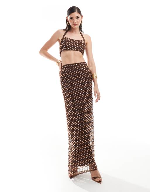 Falda larga marrón chocolate con abalorios premium de ASOS DESIGN (parte de un conjunto)