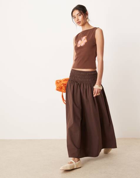 Falda larga marrón chocolate con cintura fruncida de ASOS DESIGN - view 1
