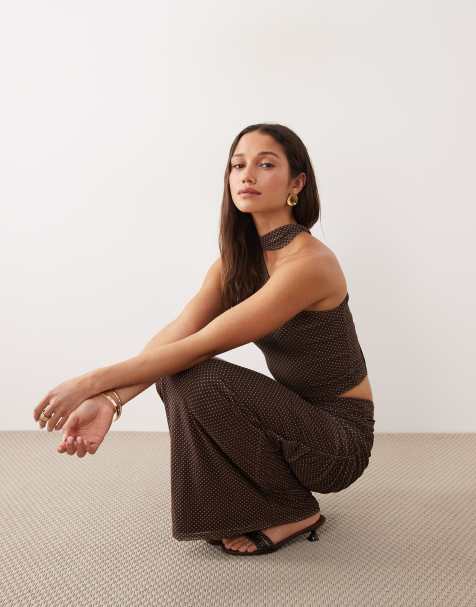 Falda larga marrón chocolate con estampado de lunares, detalle fruncido en la parte delantera y capa superior de malla exclusiva de The Frolic (parte de un conjunto) - view 1