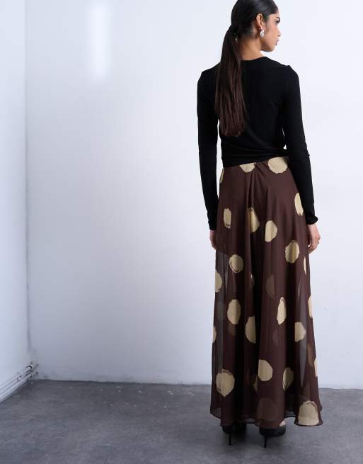 Falda larga marrón chocolate de corte amplio con estampado de lunares de chifón de Topshop, 3 de 5