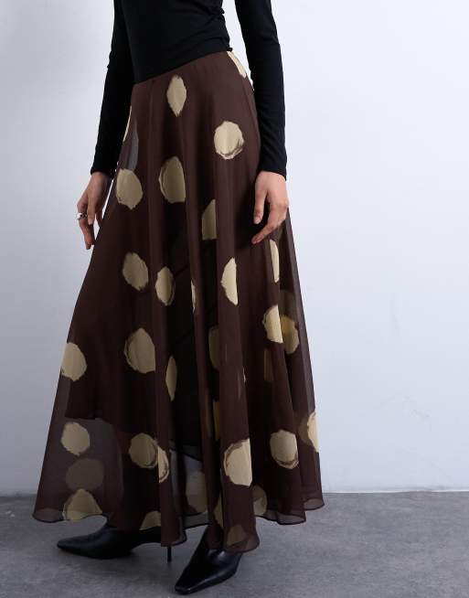 Falda larga marrón chocolate de corte amplio con estampado de lunares de chifón de Topshop, 4 de 5