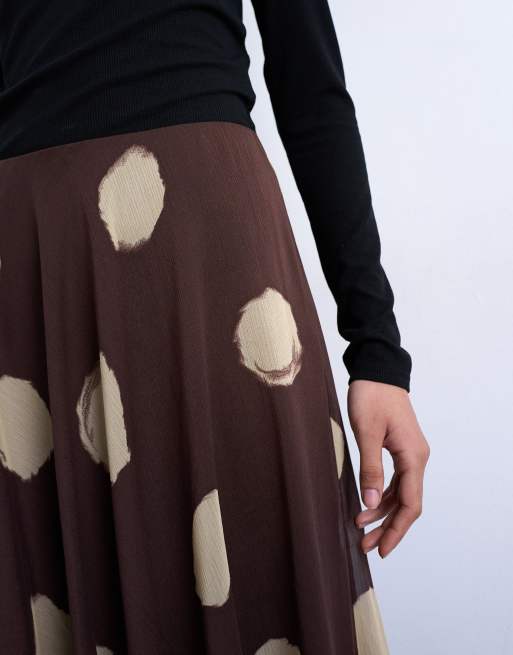 Falda larga marrón chocolate de corte amplio con estampado de lunares de chifón de Topshop, 5 de 5