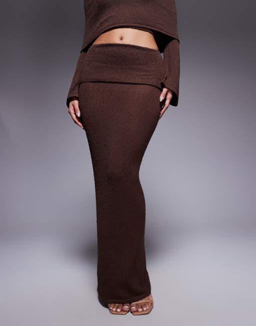 Falda larga marrón chocolate oscuro con cinturilla ancha plegada de punto de bouclé Yasmin de Wanderdoll (parte de un conjunto), 2 de 5
