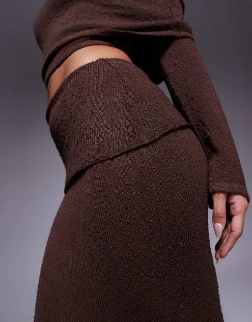 Falda larga marrón chocolate oscuro con cinturilla ancha plegada de punto de bouclé Yasmin de Wanderdoll (parte de un conjunto), 3 de 5
