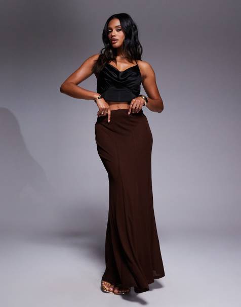 Falda larga marrón con godets de tejido semitransparente de ASOS DESIGN - view 1