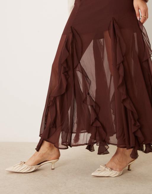 Falda larga marrón con inserto de godets de Miss Selfridge, 5 de 5