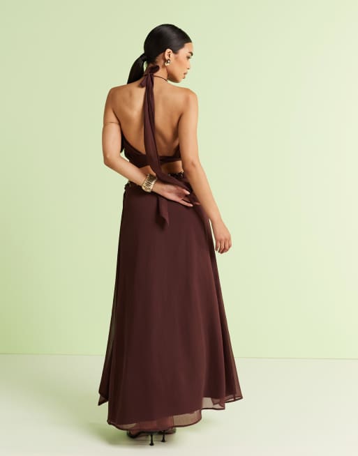 Falda larga marrón de corte voluminoso con abertura y cuentas de ASOS DESIGN (parte de un conjunto), 5 de 5